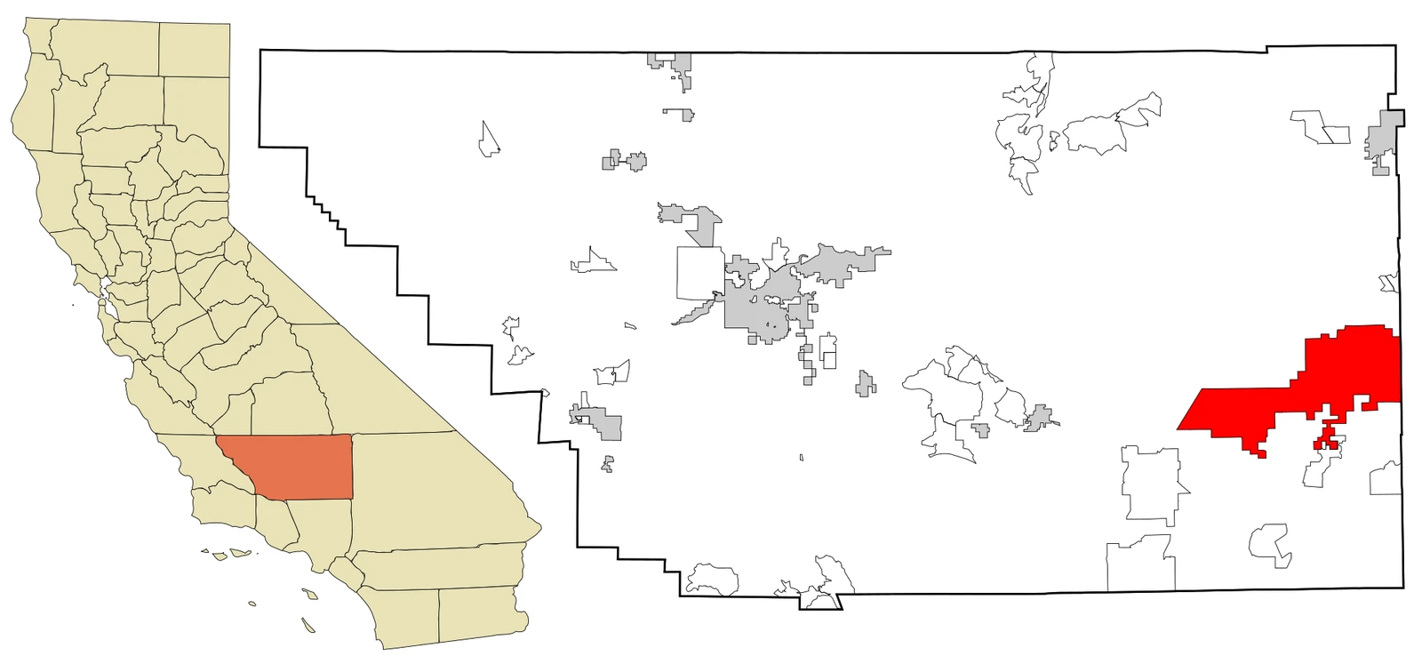Locator map: an inset of California with Kern County shaded orange at the southern end of the Central Valley, beside a map of Kern County in which California City is a large red area on its eastern edge, bigger than any other city in the county.