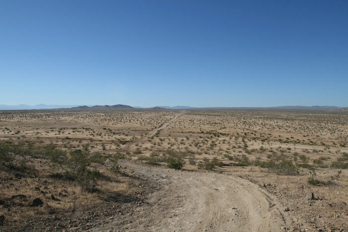 Looking down from a rocky slope over flat desert scrub: a dirt track in the foreground and a straight dirt road running away to low mountains on the horizon, with no buildings anywhere.