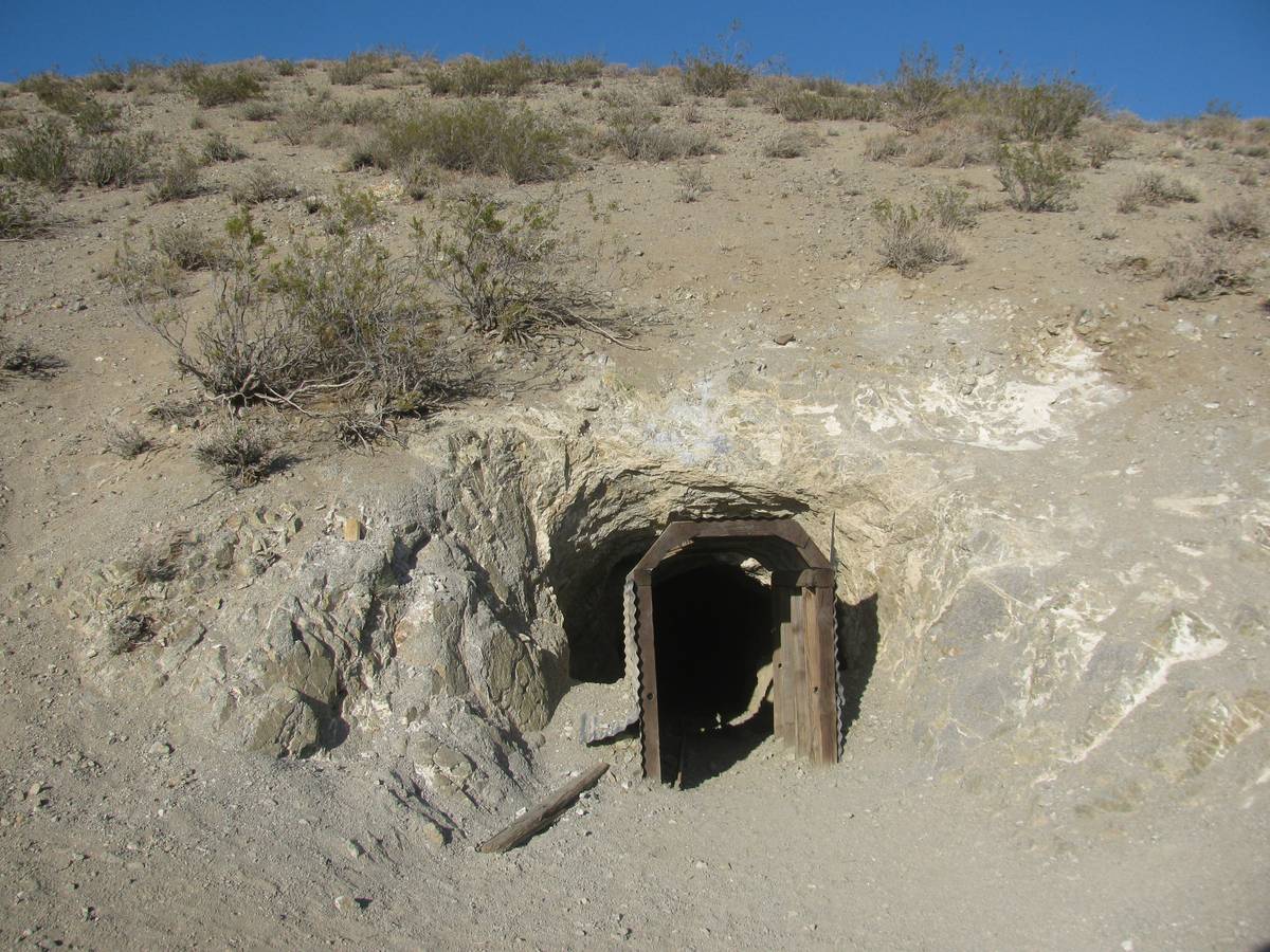 A small, timber-framed tunnel mouth cut into a pale, rocky desert hillside covered in low scrub.