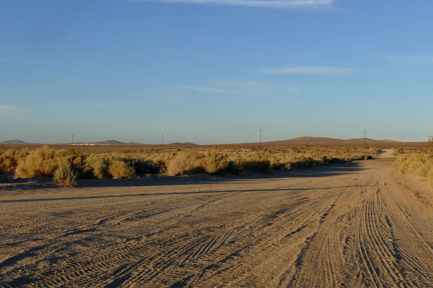 A wide unpaved street of pale packed sand, criss-crossed with tyre tracks, running straight between low desert brush toward a flat horizon.
